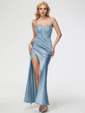 Blue Dusty Prom Dresses Square Neckline Spaghetti Straps Sleeveless Trumpet/Mermaid Prom Dresses