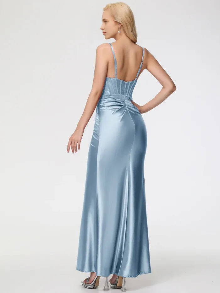 Blue Dusty Prom Dresses Square Neckline Spaghetti Straps Sleeveless Trumpet/Mermaid Prom Dresses