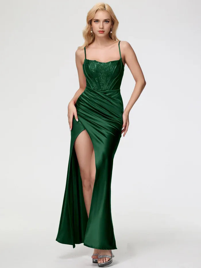 Blue Dusty Prom Dresses Square Neckline Spaghetti Straps Sleeveless Trumpet/Mermaid Prom Dresses