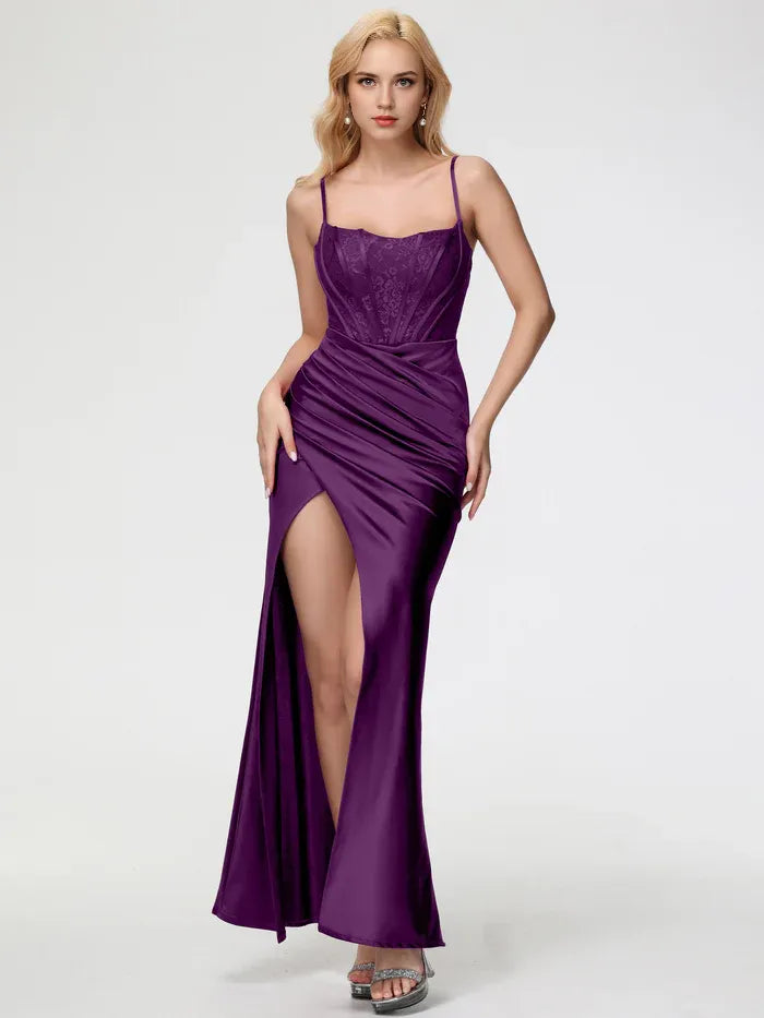Blue Dusty Prom Dresses Square Neckline Spaghetti Straps Sleeveless Trumpet/Mermaid Prom Dresses