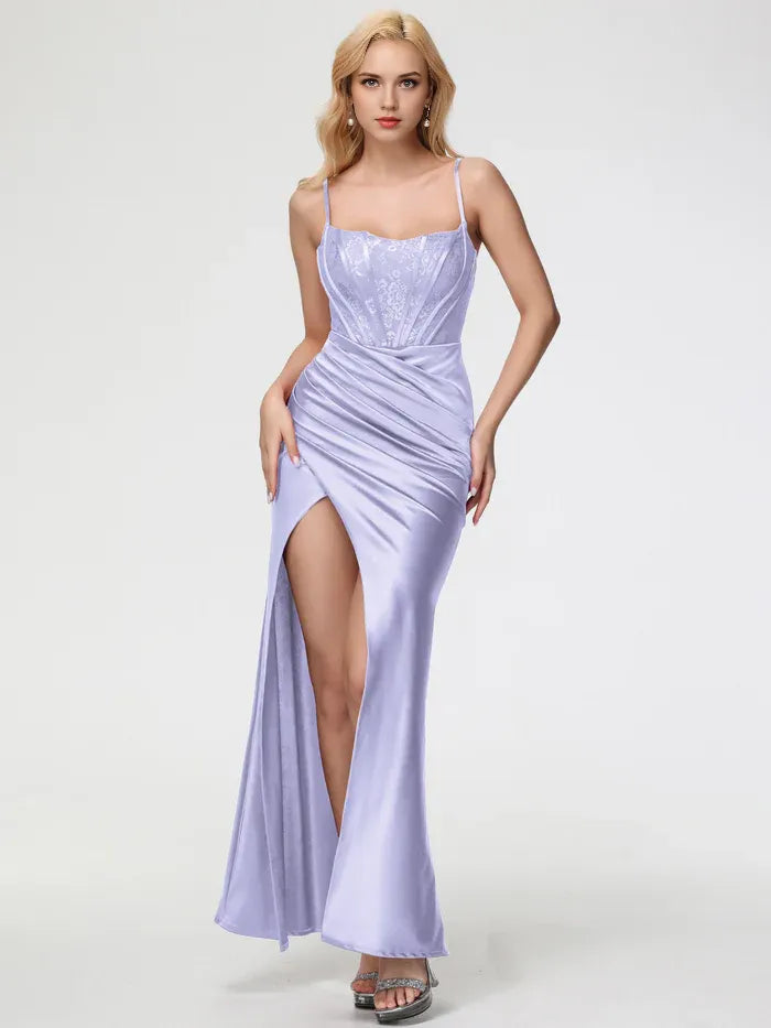 Blue Dusty Prom Dresses Square Neckline Spaghetti Straps Sleeveless Trumpet/Mermaid Prom Dresses