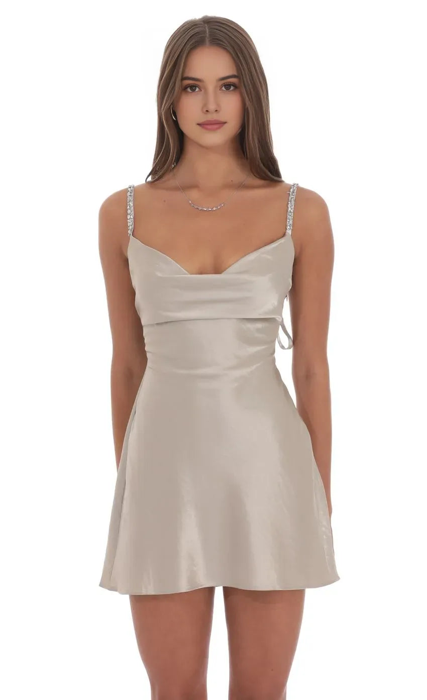 Homecoming Dress with Straps Elegant Cowl Neck Mini Gown for School Dance
