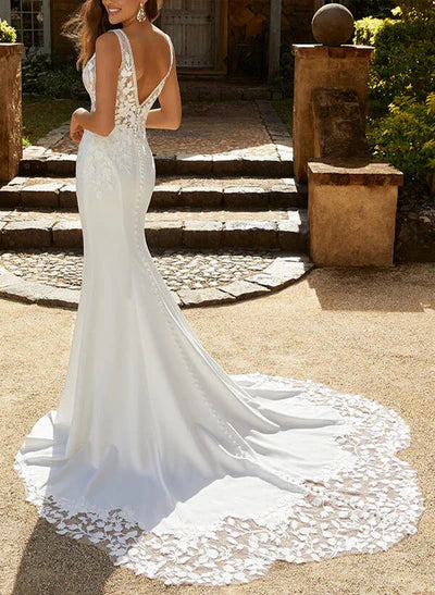 Mermaid Fitted V Neck Wedding Dresses Appliques Sweep Train