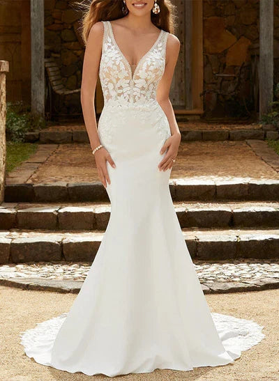 Mermaid Fitted V Neck Wedding Dresses Appliques Sweep Train