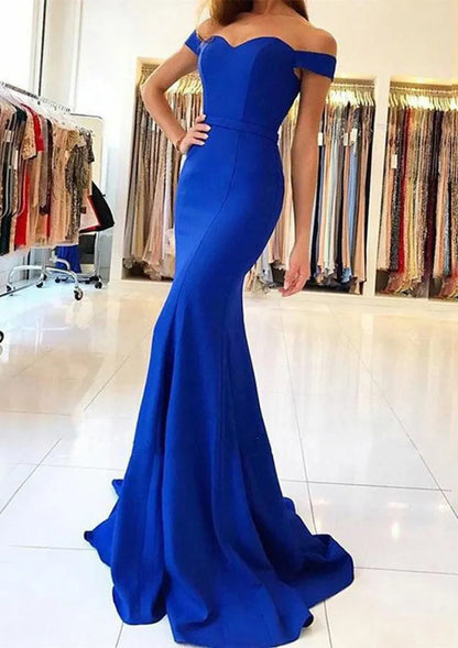 Luxurious Red Pleated Mermaid Off-the-Shoulder Classic-Sleeve Classic-Back Floor-Length Prom Dress