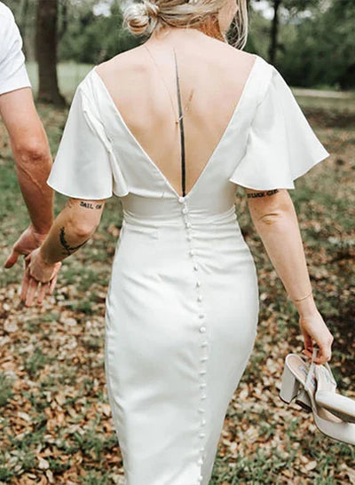 V-Neck Sheath Wedding Dress Short Sleeves