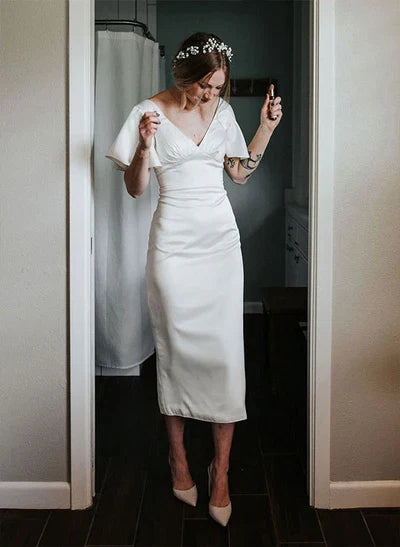 V-Neck Sheath Wedding Dress Short Sleeves