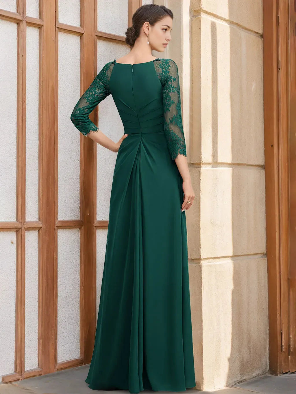 Scoop 3/4 Length Sleeves Floor-Length Mother of the Bride Dresses with Ruffles Appliques