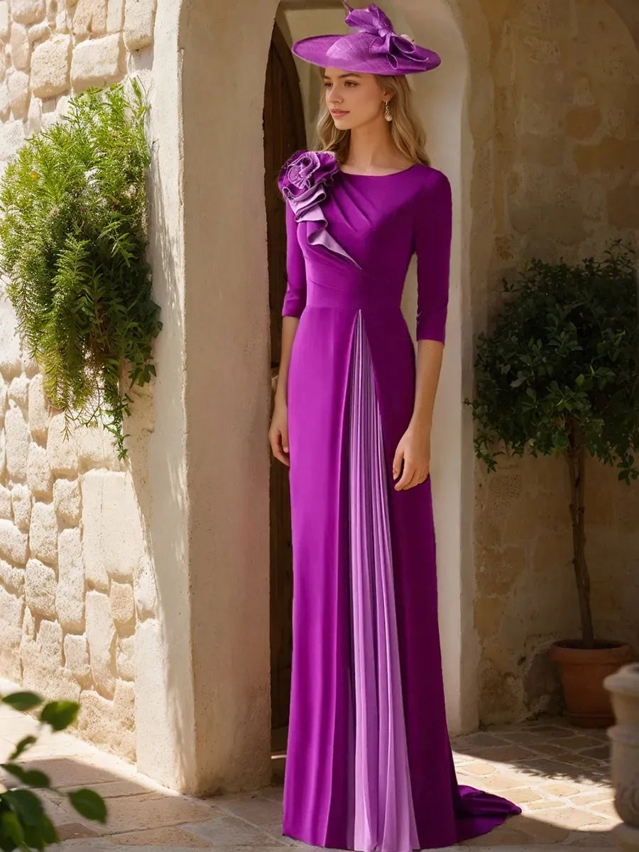 Scoop 3/4 Sleeves Elegant Mother of the Bride Groom Dresses with Ruffles Flower