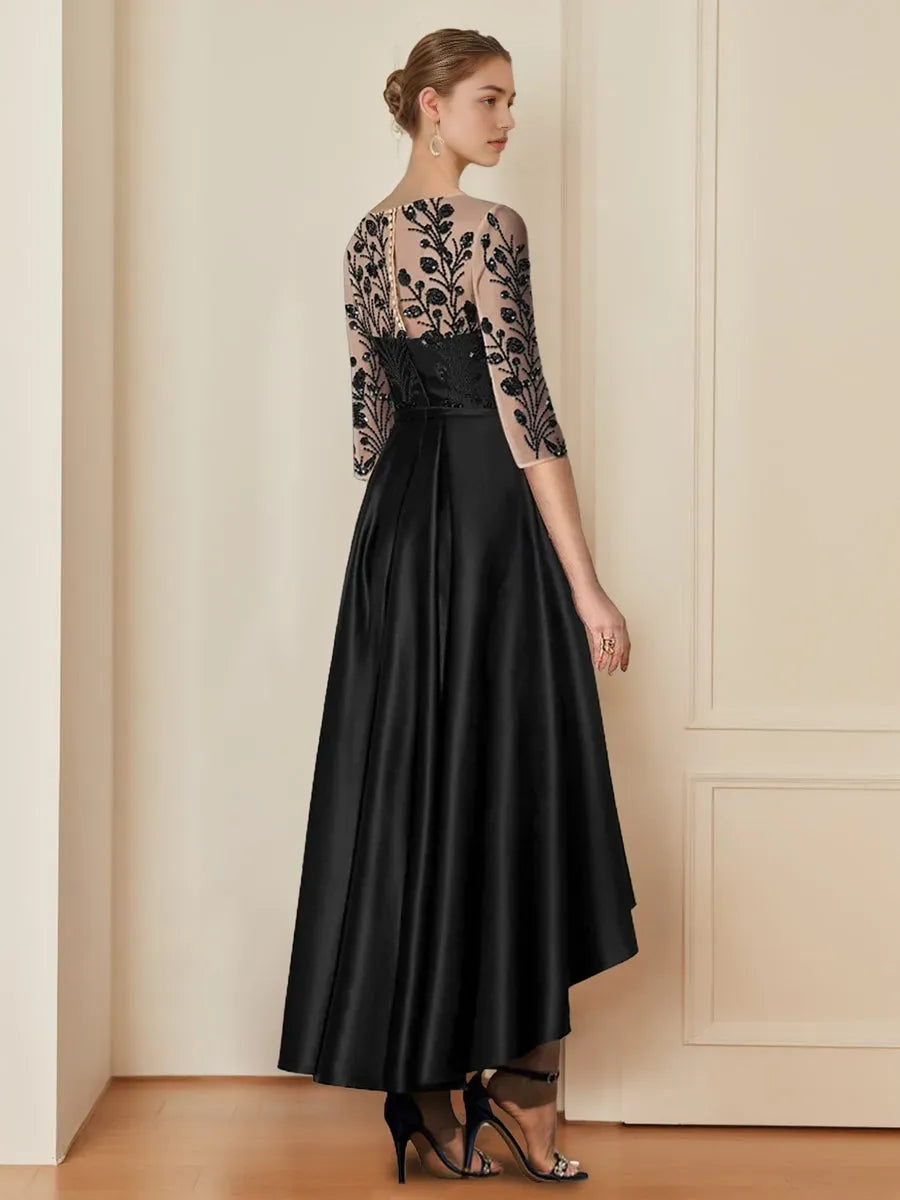 Scoop Neck 3/4 Sleeves Asymmetrical Mother of the Bride Dresses with Appliques
