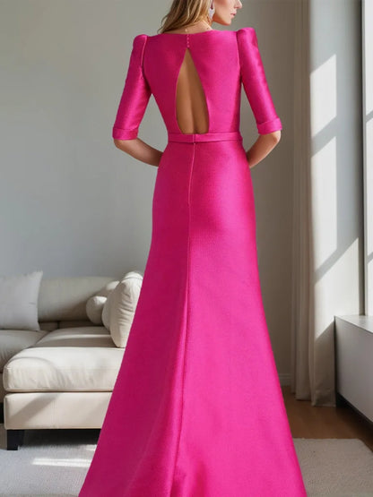 Elegant Red A-Line Scoop-Neck Half-Sleeve Classic-Back Floor-Length Mother-of-the-Bride Dress