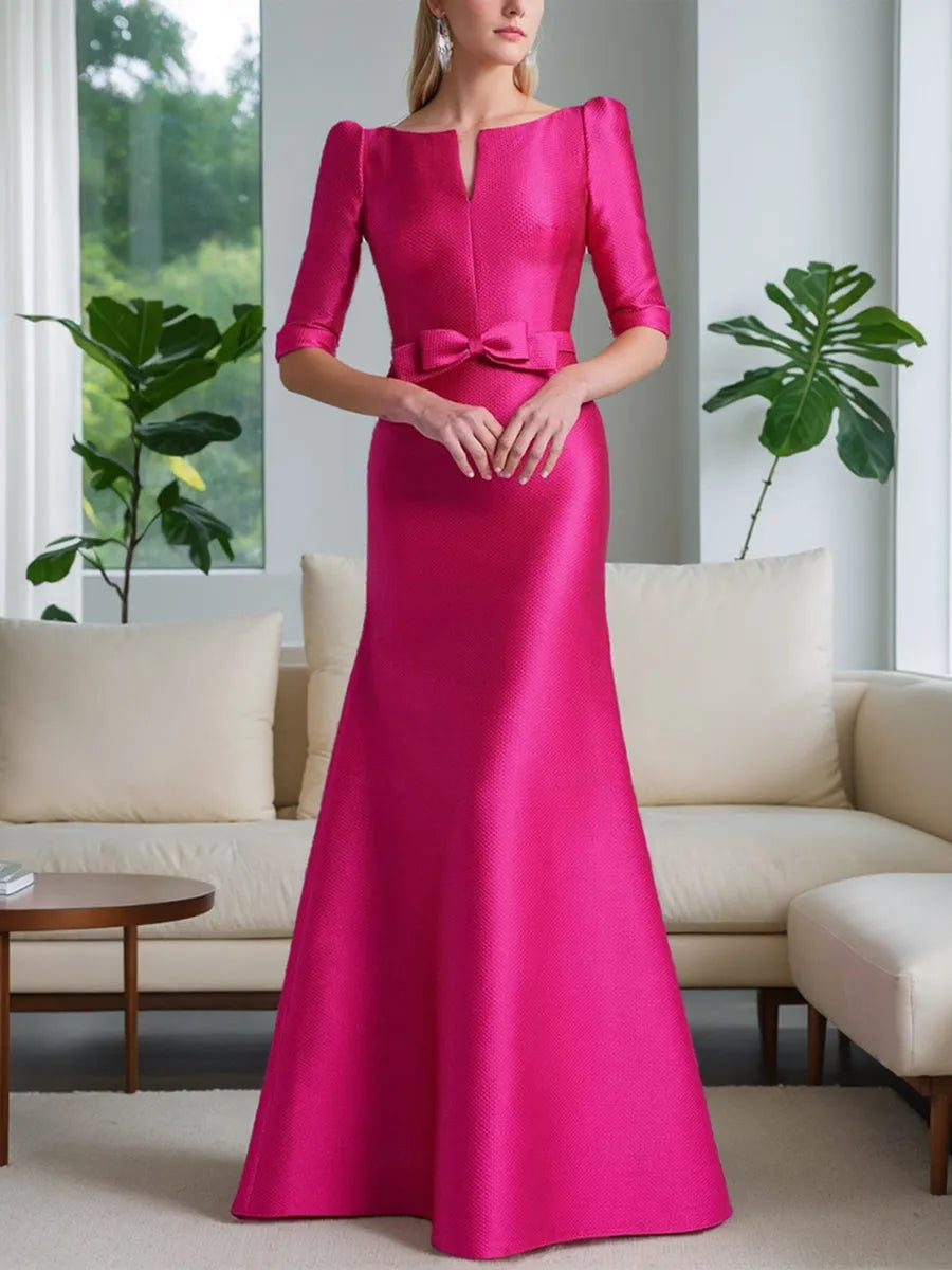 Elegant Red A-Line Scoop-Neck Half-Sleeve Classic-Back Floor-Length Mother-of-the-Bride Dress