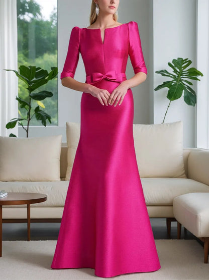 Elegant Red A-Line Scoop-Neck Half-Sleeve Classic-Back Floor-Length Mother-of-the-Bride Dress