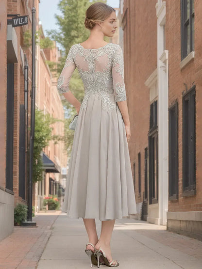 Elegant Red Applique A-Line Off-the-Shoulder Half-Sleeve Classic-Back Tea-Length Mother-of-the-Bride Dress