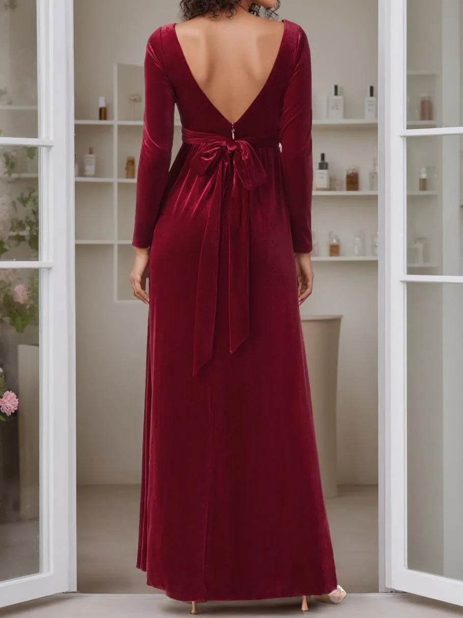 Scoop Neck Long Sleeves Floor-Length Mother of the Bride Dresses with Ruffles