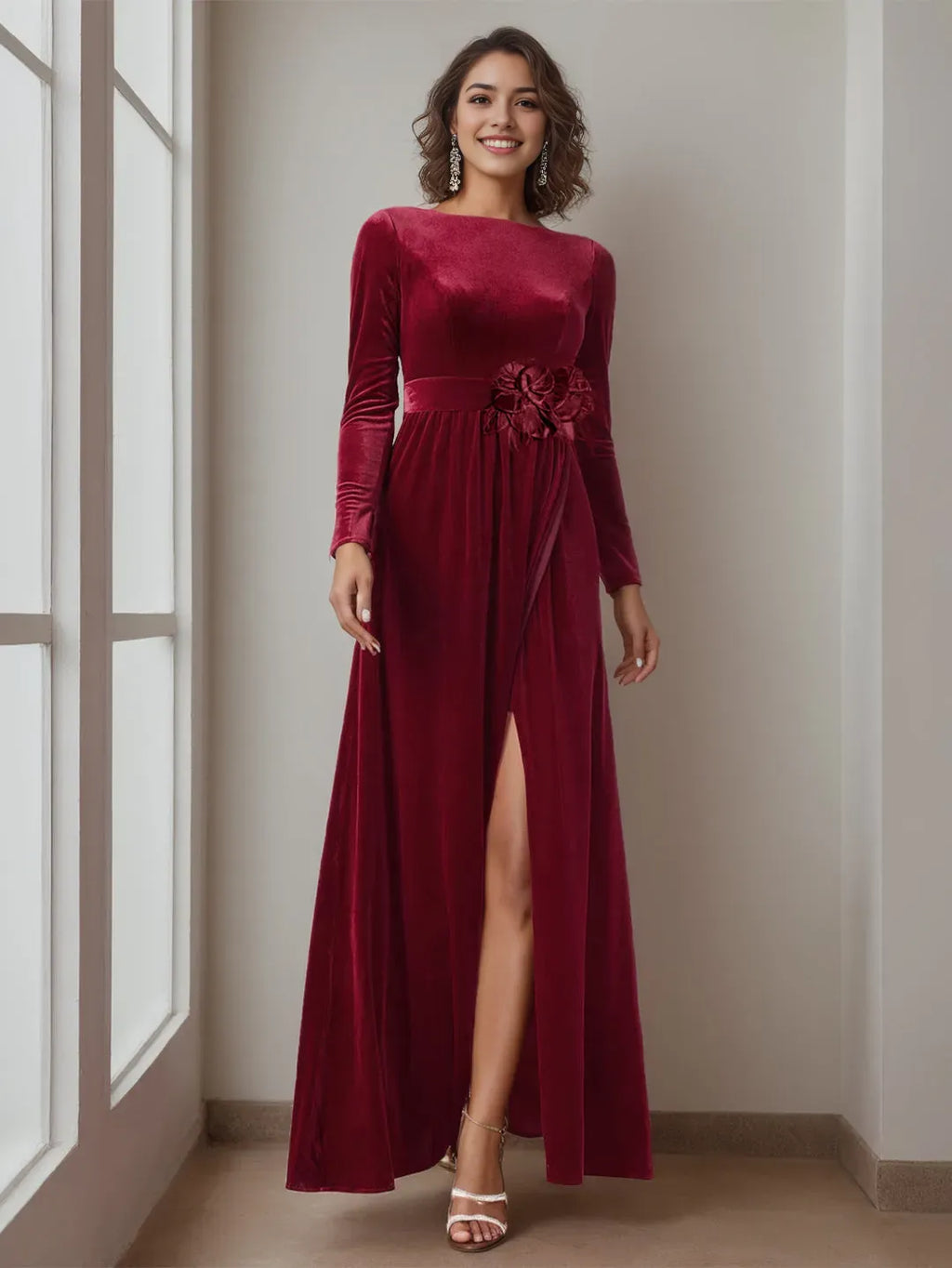 Scoop Neck Long Sleeves Floor-Length Mother of the Bride Dresses with Ruffles