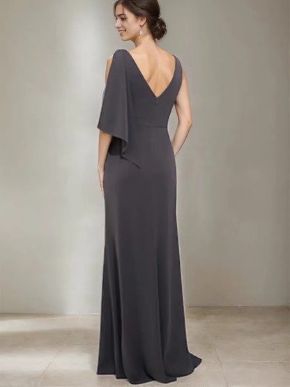 Elegant Red Beaded A-Line Scoop-Neck Classic-Sleeve Classic-Back Floor-Length Mother-of-the-Bride Dress