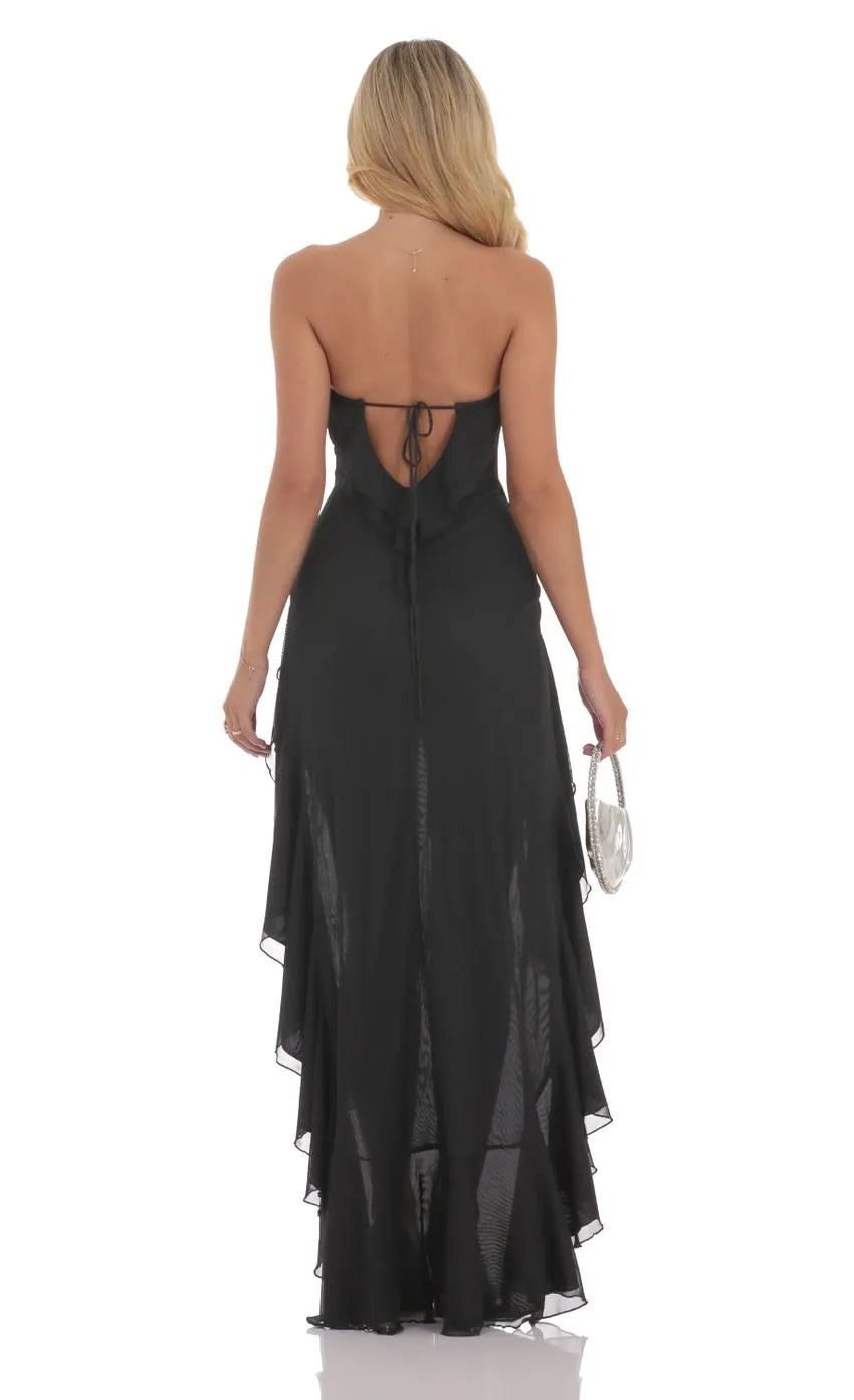 Black Seductive Strapless Prom Dresses Ruffled Asymmetric High Low Slit Form Fitting Design and Alluring Appeal Perfect