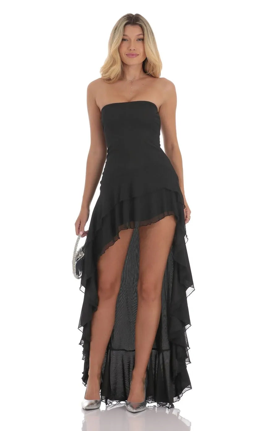 Black Seductive Strapless Prom Dresses Ruffled Asymmetric High Low Slit Form Fitting Design and Alluring Appeal Perfect