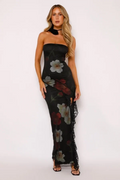 Black Seductive Bodycon Strapless Sleeveless Floral Maxi Prom Dress