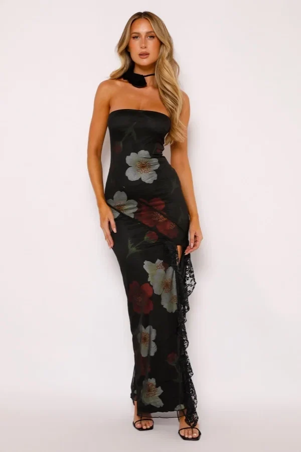 Black Seductive Bodycon Strapless Sleeveless Floral Maxi Prom Dress