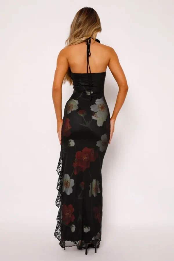 Black Seductive Bodycon Strapless Sleeveless Floral Maxi Prom Dress