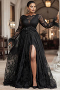 Special Occasion Sophisticated Graceful Elegant Black Lace A-Line Long Sleeve Long Prom Dress
