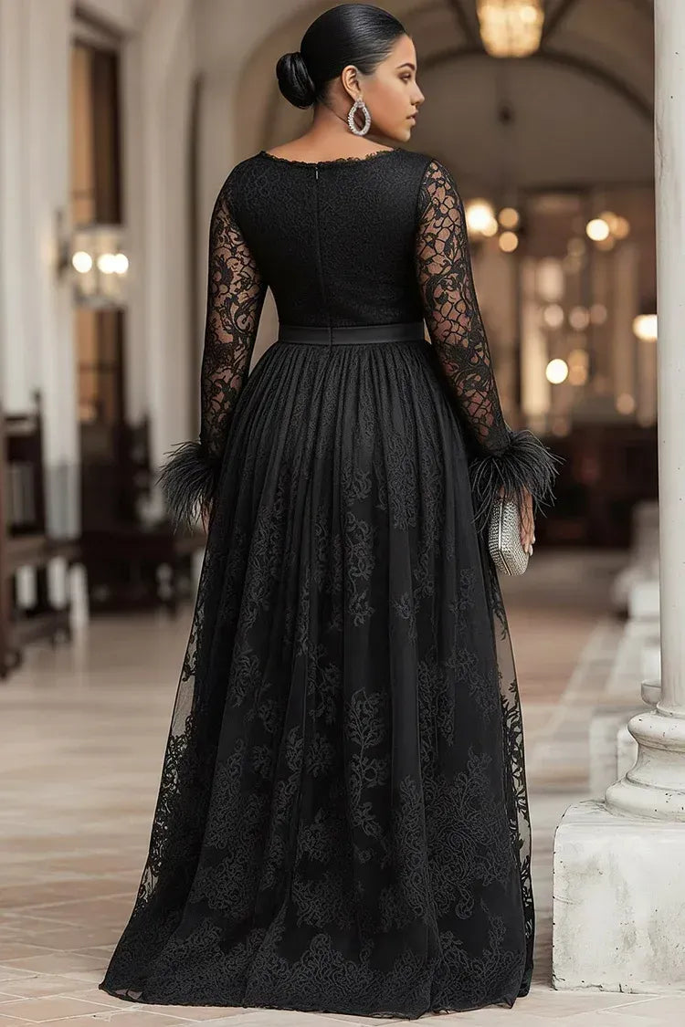 Special Occasion Sophisticated Graceful Elegant Black Lace A-Line Long Sleeve Long Prom Dress