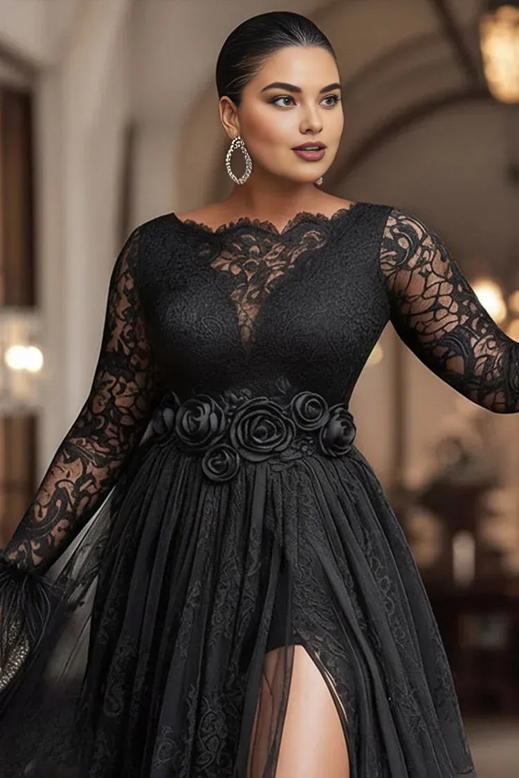 Special Occasion Sophisticated Graceful Elegant Black Lace A-Line Long Sleeve Long Prom Dress