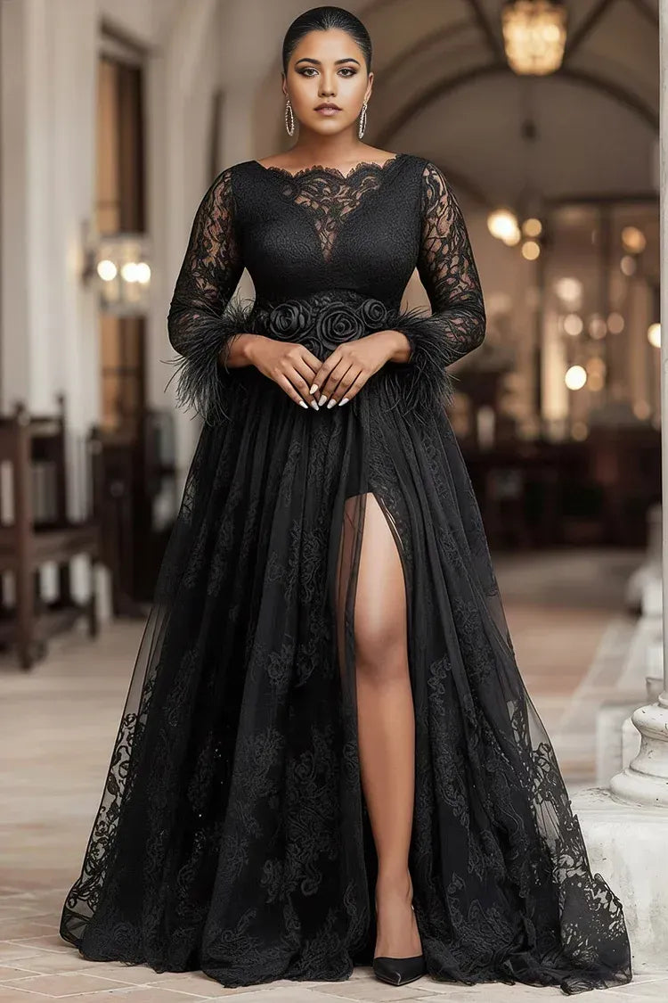 Special Occasion Sophisticated Graceful Elegant Black Lace A-Line Long Sleeve Long Prom Dress