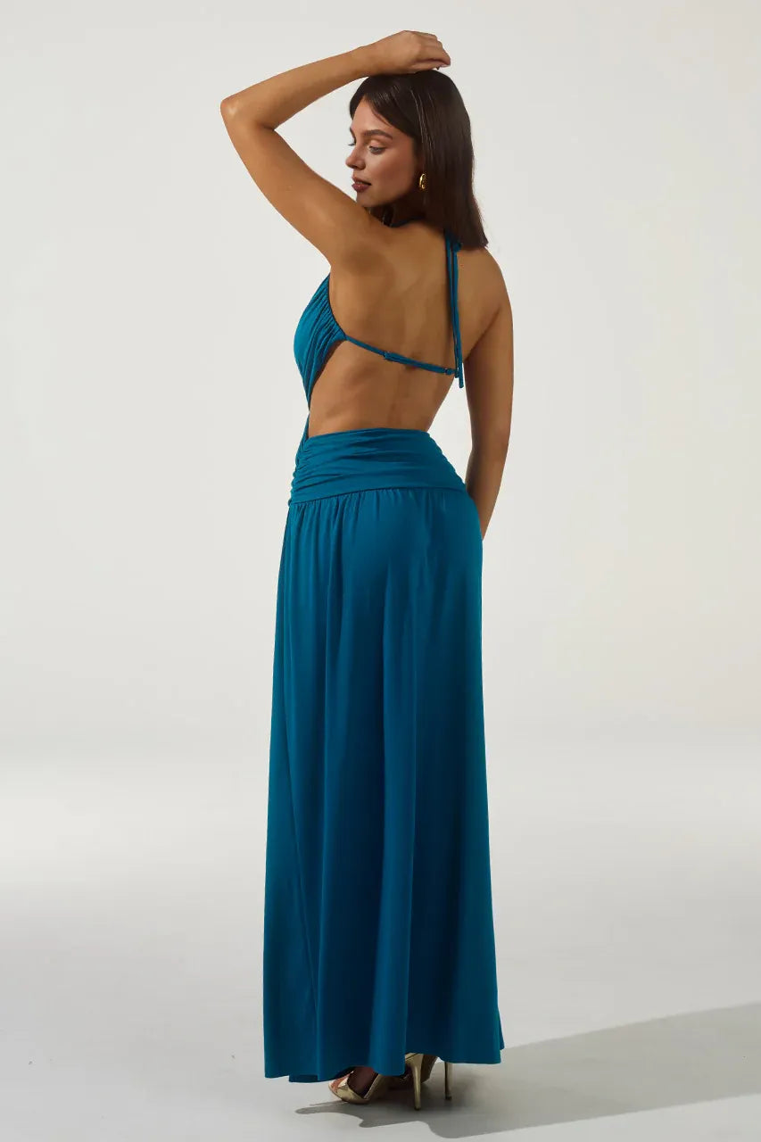 Special Occasion Sophisticated Graceful Stylish Elegant Teal A-Line Halter Sleeveless Floor-Length Prom Dress