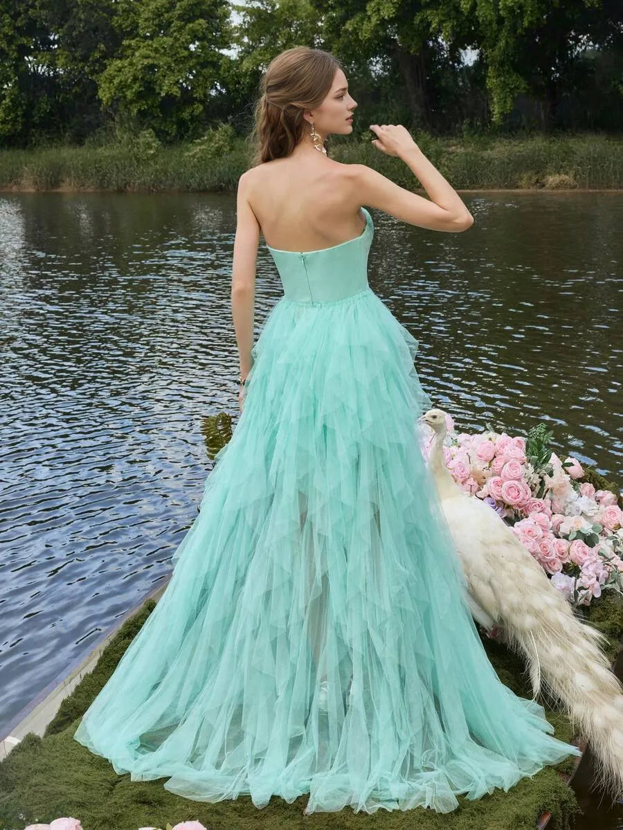 Sexy A-Line Strapless Sleeveless Back Zip Floor-Length Bodice Tiered Ruffled Prom Dress