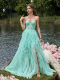 Sexy A-Line Strapless Sleeveless Back Zip Floor-Length Bodice Tiered Ruffled Prom Dress