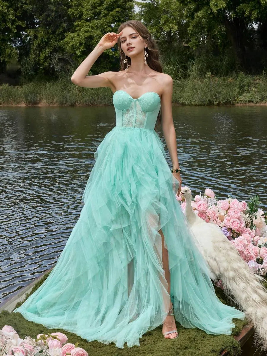 Sexy A-Line Strapless Sleeveless Back Zip Floor-Length Bodice Tiered Ruffled Prom Dress