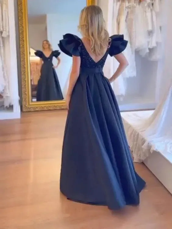 Navy Blue Sexy A line Long Prom Dress Party Dress
