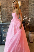 Pink Sexy A line Spaghetti Straps Sleeveless Party Dress Prom Dress