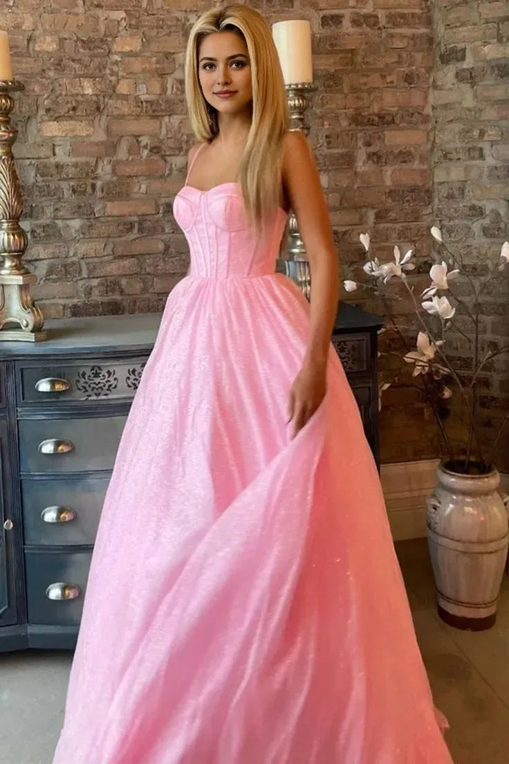 Pink Sexy A line Spaghetti Straps Sleeveless Party Dress Prom Dress