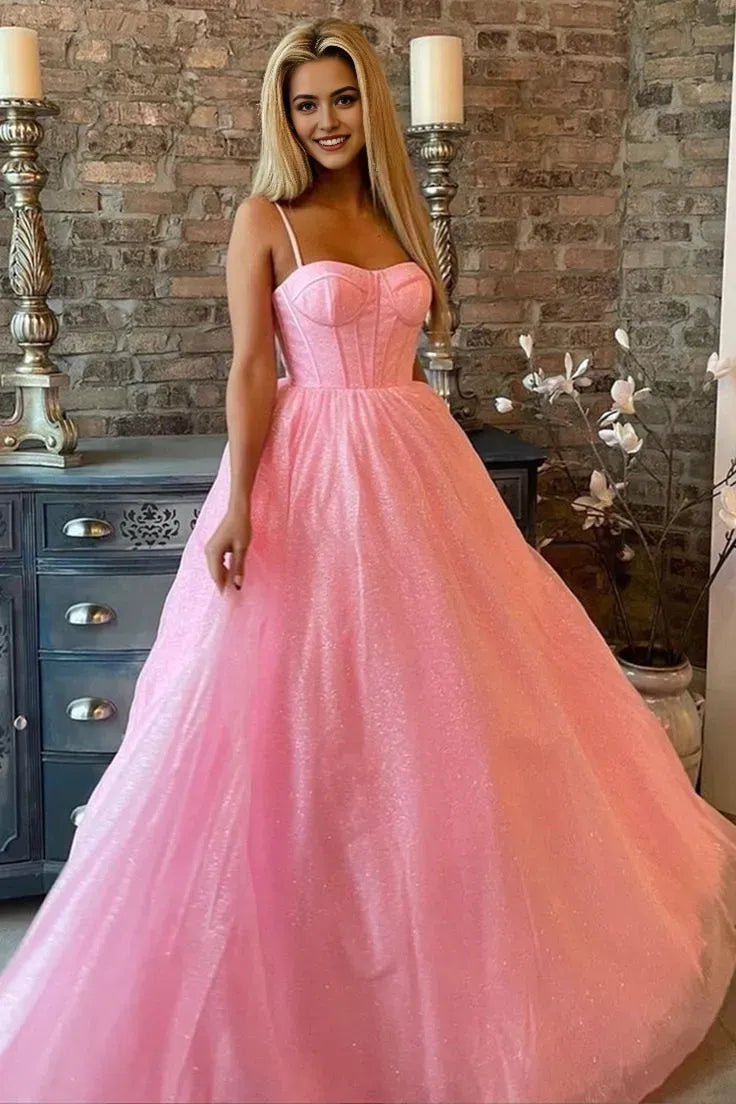 Pink Sexy A line Spaghetti Straps Sleeveless Party Dress Prom Dress