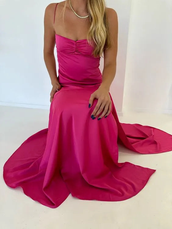 Hot Pink Sexy A line Straps Sleeveless Party Dress Hot Side Slit Prom Dress