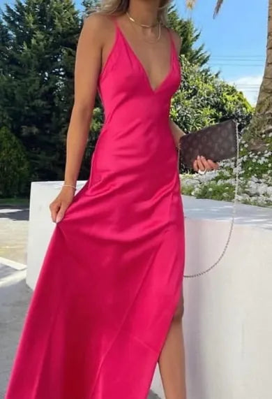 Hot Pink Sexy A line V neckline Sleeveless Party Dress Hot Prom Dress