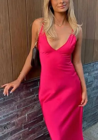 Hot Pink Sexy A line V neckline Sleeveless Party Dress Hot Prom Dress