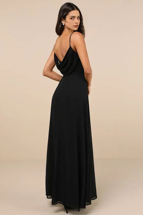 Black Sexy Evening Dress with Cowl Neck Spaghetti Straps Flowy Slit Skirt Hot Sale Long Evening Dresses