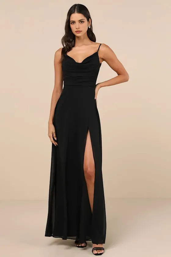 Black Sexy Evening Dress with Cowl Neck Spaghetti Straps Flowy Slit Skirt Hot Sale Long Evening Dresses