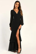 Black Sexy Evening Dress with Deep V - Neck Sheer Long Sleeves Flowy Slit Mermaid Skirt Ideal