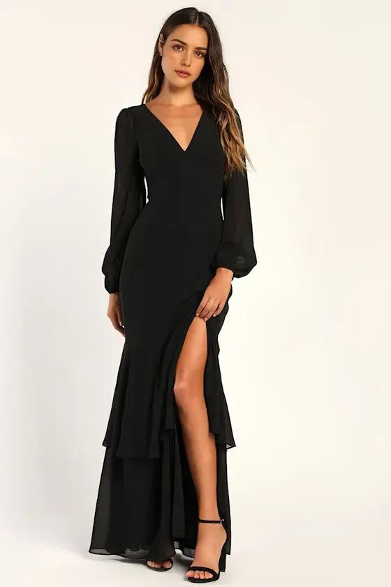 Black Sexy Evening Dress with Deep V - Neck Sheer Long Sleeves Flowy Slit Mermaid Skirt Ideal