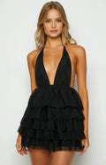 Black Sexy Halter Neck Homecoming Dress Deep V Neck Tiered Ruffle Skirt for a Show Homecoming Look