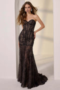 Black Sexy Mermaid Sweetheart Neckline Strapless Back Zip Floor-Length Black Beading Prom Dresses with Sheer Bodice