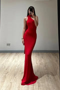 Red Sexy Bodycon Halter Sleeveless Cape Back Maxi Prom Dress