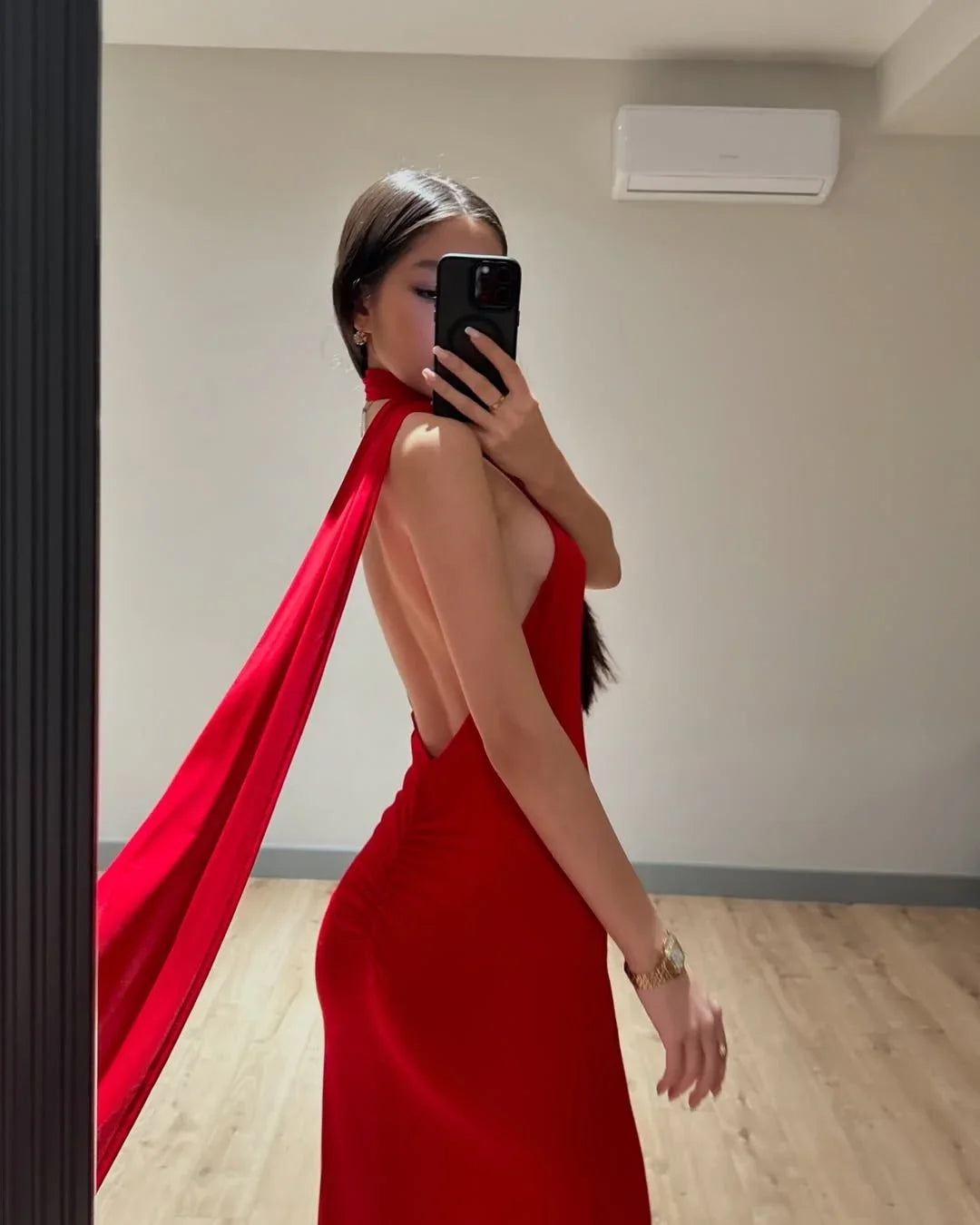 Red Sexy Bodycon Halter Sleeveless Cape Back Maxi Prom Dress