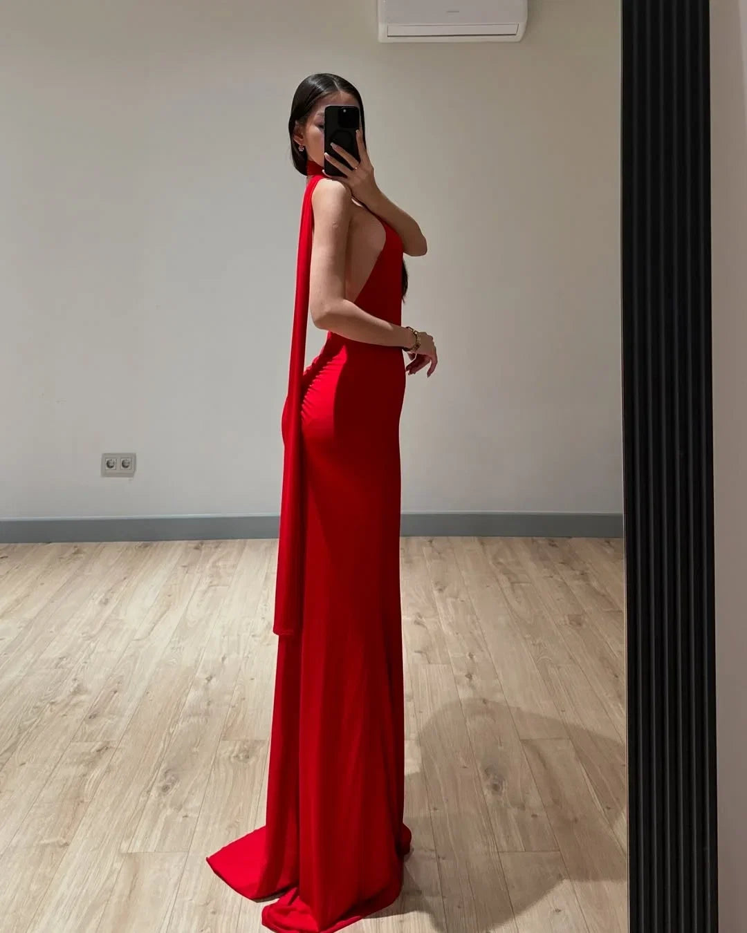 Red Sexy Bodycon Halter Sleeveless Cape Back Maxi Prom Dress